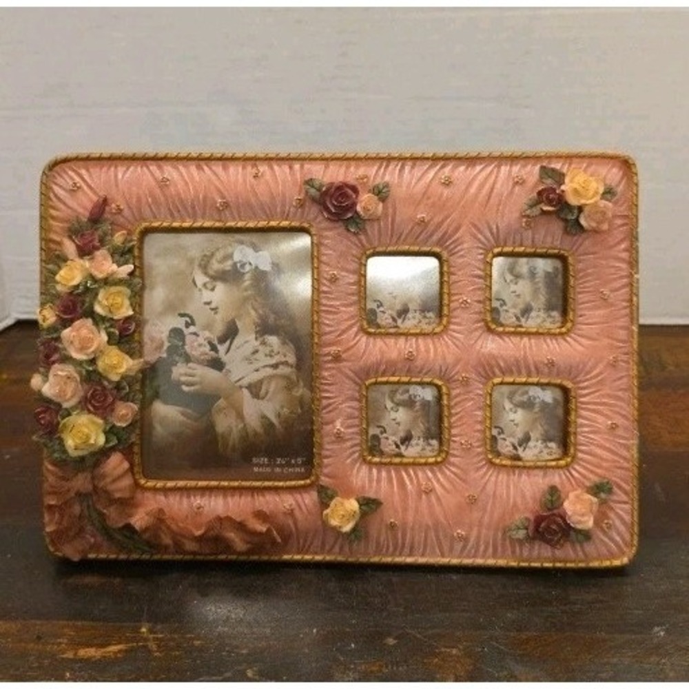 Vintage Shabby Chic Pink Rose Photo Frame Multi-Opening Victorian Style Resin